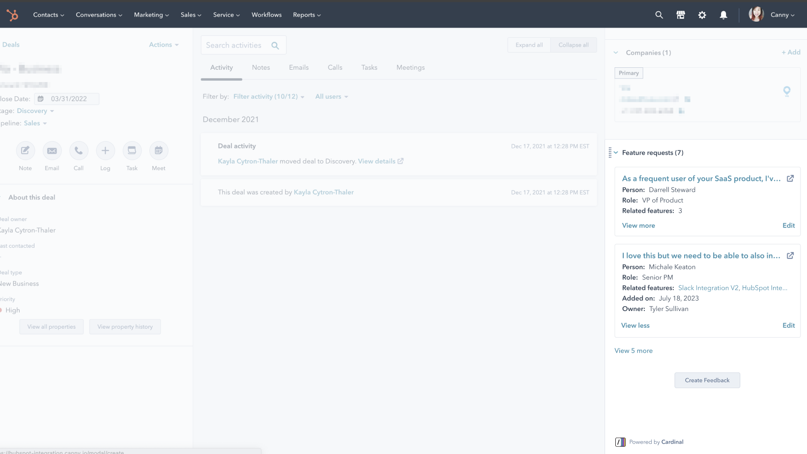 Your companies' feature requests and status in HubSpot